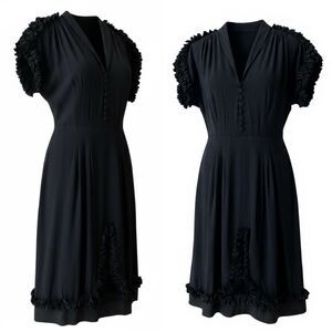 Late 1930s 40s Black Rayon Crepe Dress S/M Smocked Shoulder Ruffle Trim WWII Era